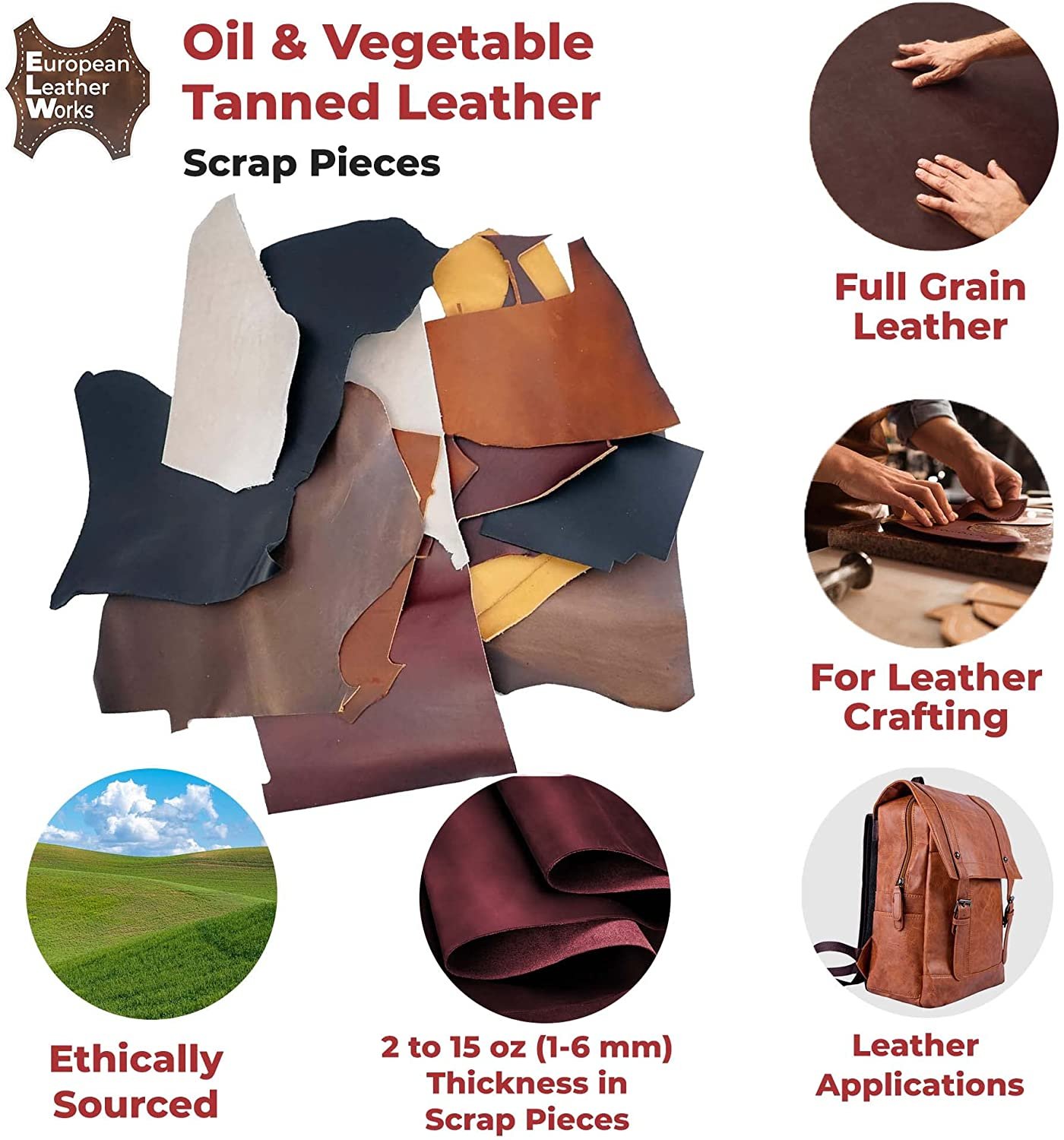 ELW Vegetable Tanned Leather ScrapsHeavyweight 6-10 oz 2.4-4mm Thickness 4  LBCowhide Remnants Full Grain Leather for Tooling, Holsters, Knife Sheath,  Carving, Embossing, Stamping 